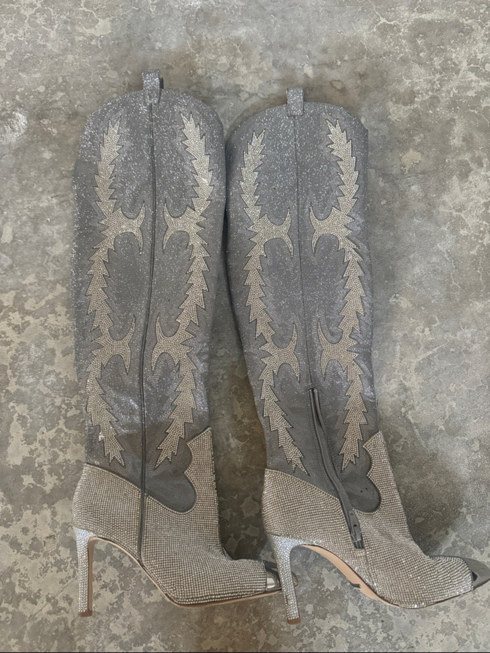 Gianni Bini Silver Gray Rhinestone Western Knee-High Stiletto Boots